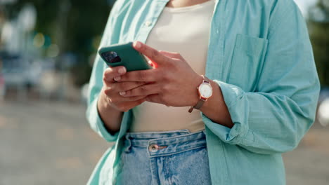 woman, hands and phone typing in city for social