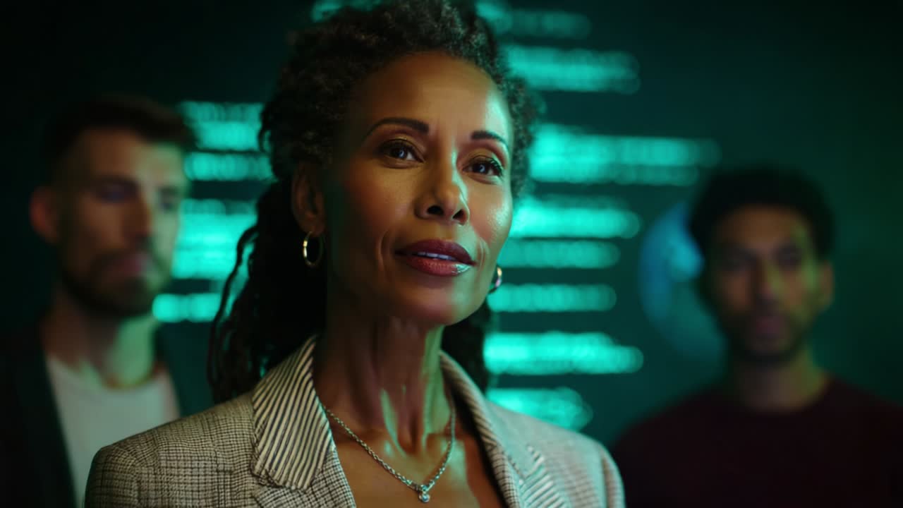 Confident Woman Leading a Team in a High-Tech Environment Surrounded by Peers, Engaged in a Deep Discussion with a Focus on Innovation, Strategy, and Forward-Thinking Solutions in a Modern Setting