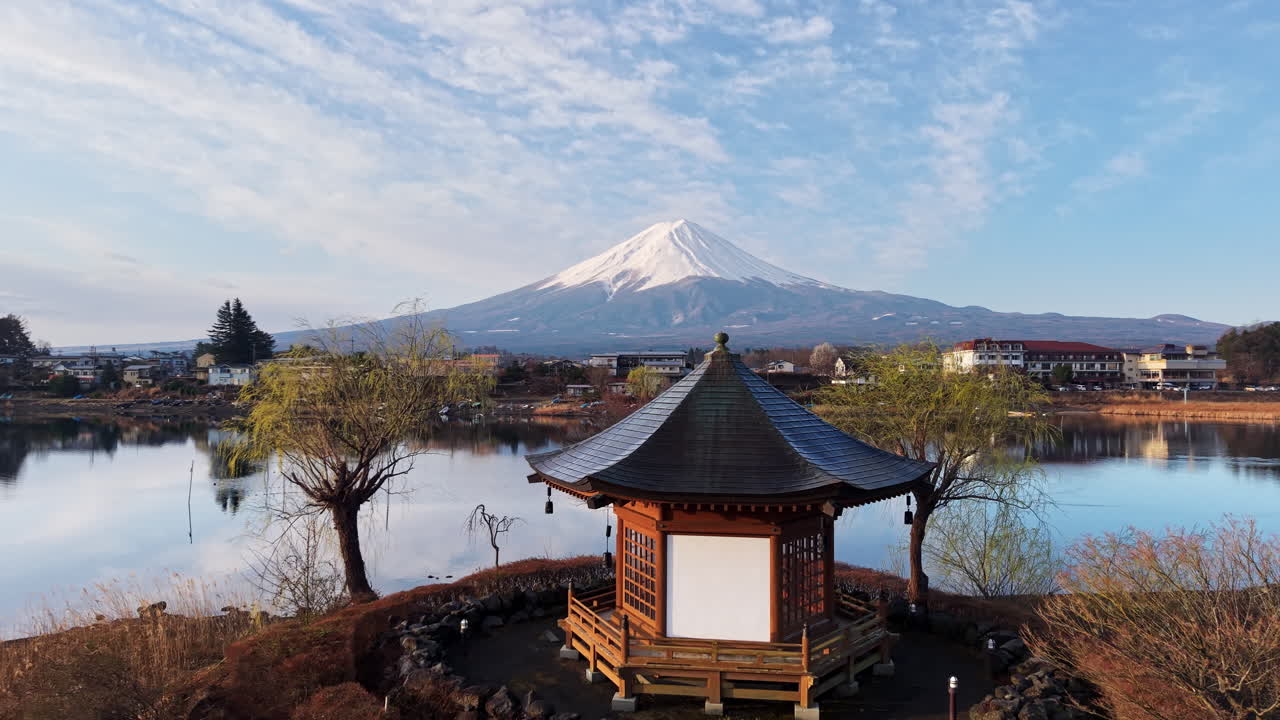 Aerial drone view of a temple with Mount Fuji on the background