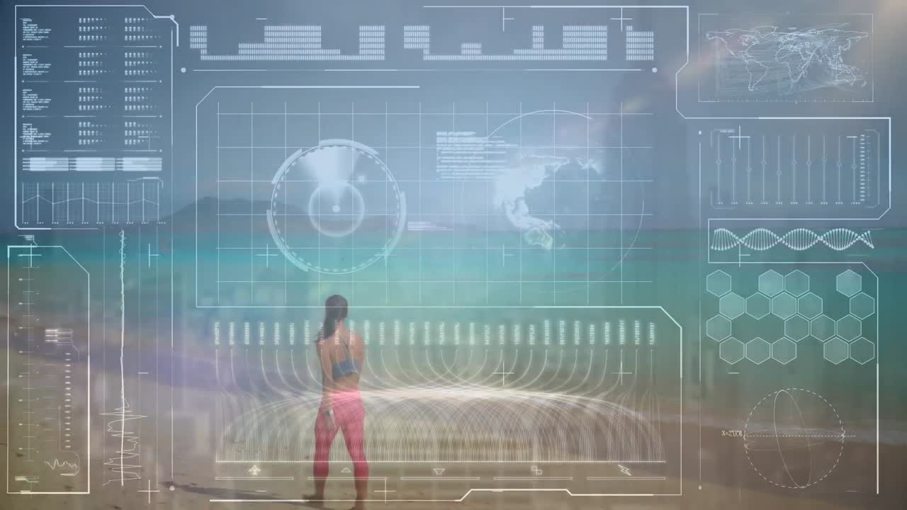 animación de procesamiento de datos sobre mujer biracial caminando por la playa