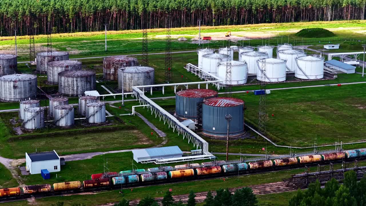 View of an industrial area featuring large silos and multiple train containers in transit