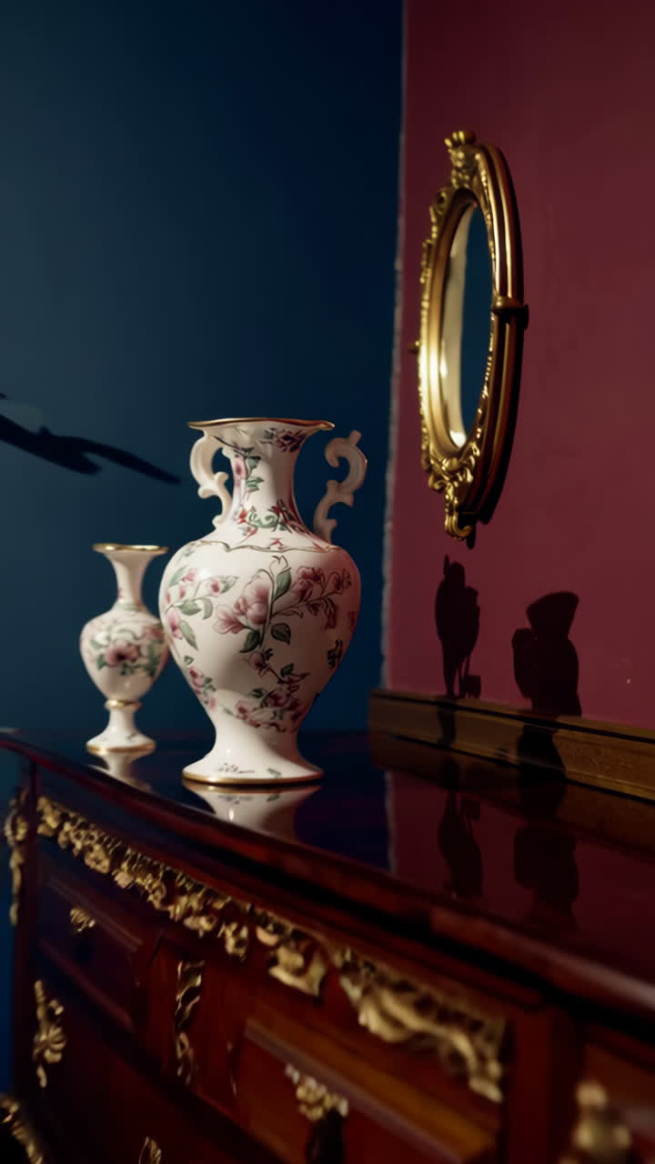 Elegant Porcelain Vase with Pink Floral Design and Gilded Mirror