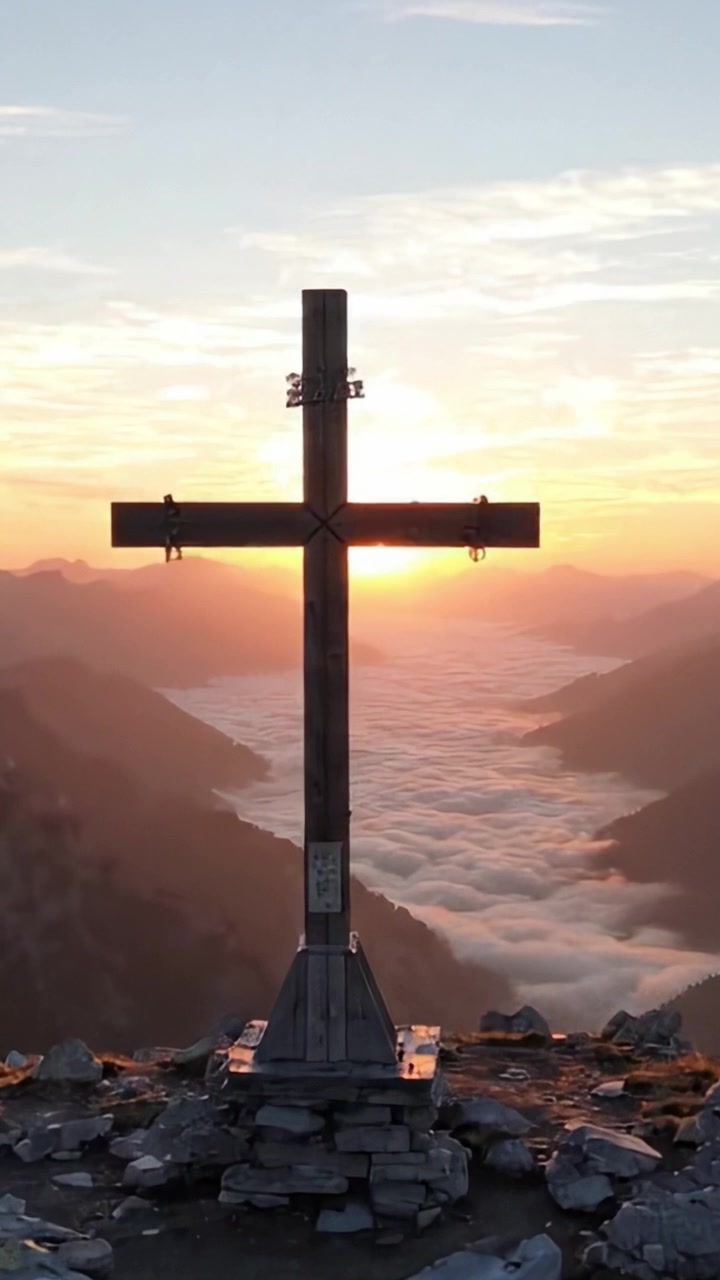 Un'alba serena sulle montagne con una silhouette di croce, che simboleggia speranza e riflessione all'alba tra la nebbia che sale e le cime maestose