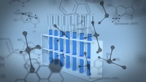 animación de estructuras y moléculas de compuestos químicos contra tubos de ensayo de laboratorio con líquido azul