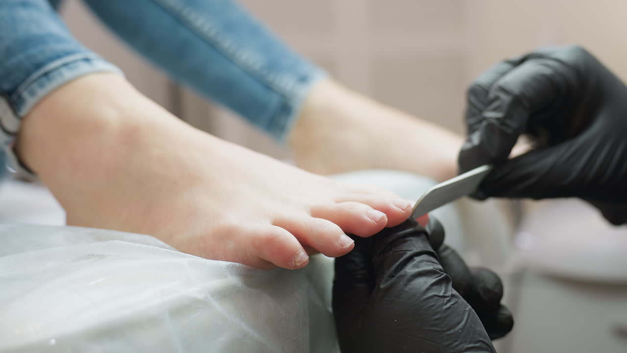 Close-up view of technician wearing black gloves carefully filing client big toe nail during pedicure session. Client foot rests on chair covered with protective wrap in clean salon