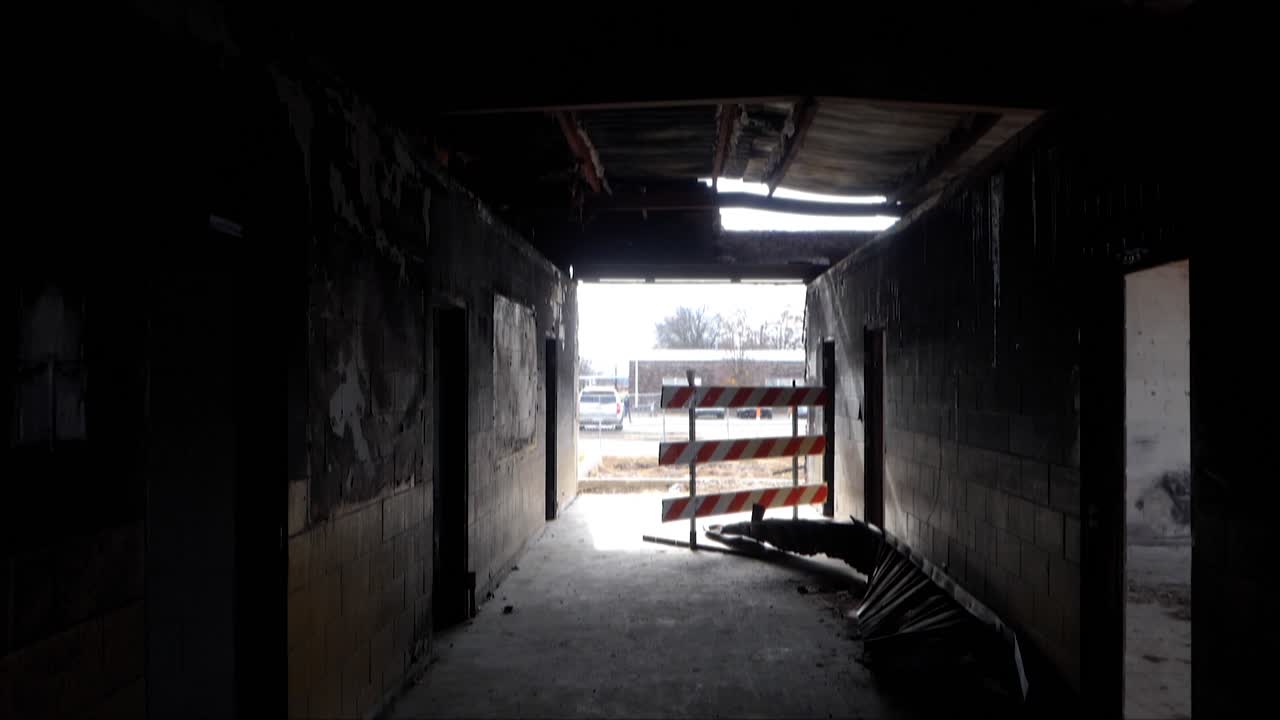Footage of the burned school corridor