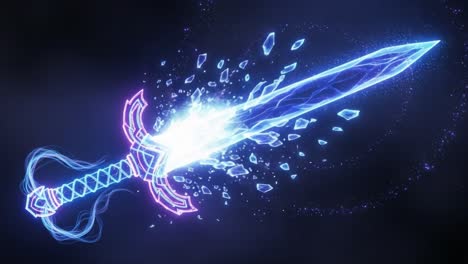 a glowing fantasy sword surrounded by mystical energy and sparkling particles, capturing the essence of epic battles in a stunning visual display