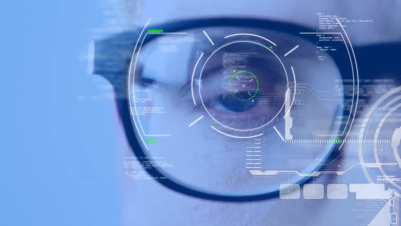 Animation of scope scanning and data processing over woman's eye