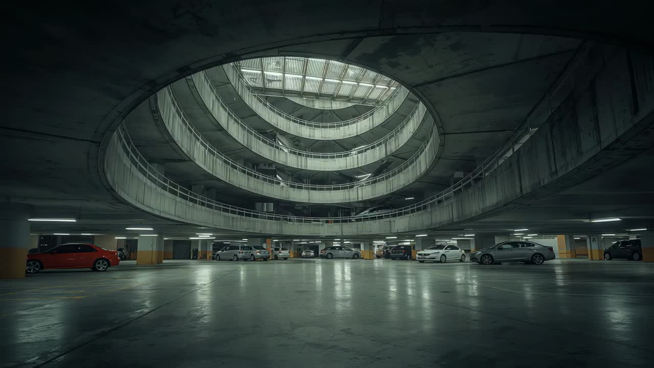 Illuminazione proiettata, lucernario che illumina una rampa a spirale e un parcheggio vuoto, creando riflessi