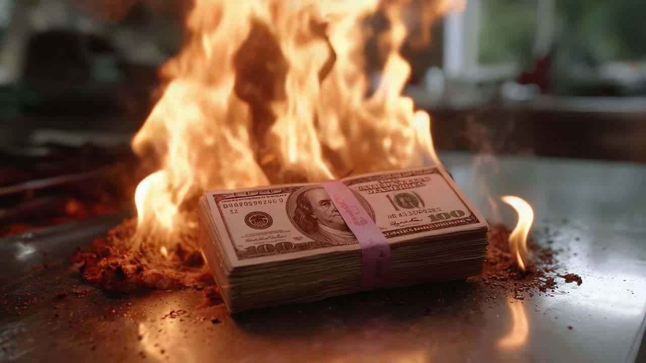 A Pile of Cash Engulfed in Flames: Exploring the Destructive Power of Fire on Currency Depicting the Fragility of Wealth and the Ultimate Fate of Money
