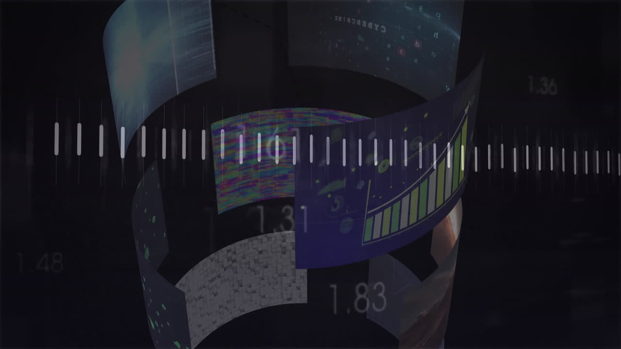 Rotating digital screens with data and brain animation over soundwave visualization