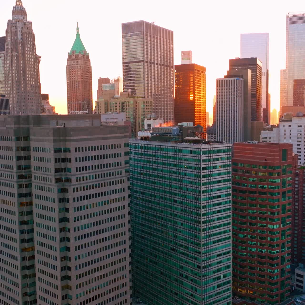 Dense architecture of fantastic New York. Drone shot of the buildings and skyscrapers of Manhattan Island