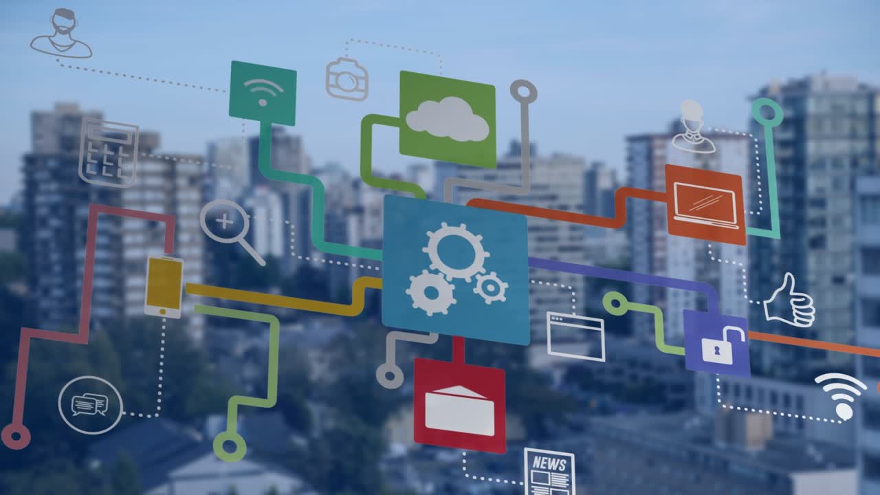 Animation of network of connections with icons over cityscape