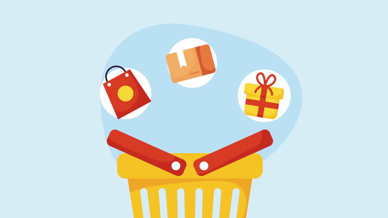 animación del mercado de la canasta de compras amarilla