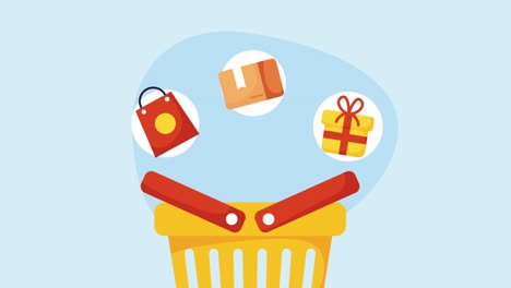animación del mercado de la canasta de compras amarilla