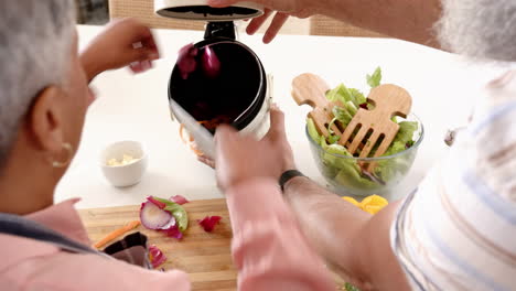 preparing meal, senior couple using food processor and chopping vegetables in kitchen