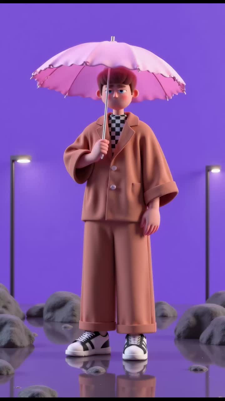 3D cartoon boy with umbrella in the rain