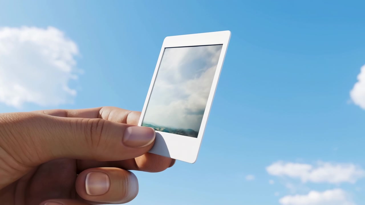 Primo piano di una mano che tiene uno smartphone bianco sottile tra pollice e indice, il dispositivo è inclinato e leggermente ruotato verso l'alto contro un cielo blu brillante con nuvole soffici sparse, offrendo una visione fresca e moderna.