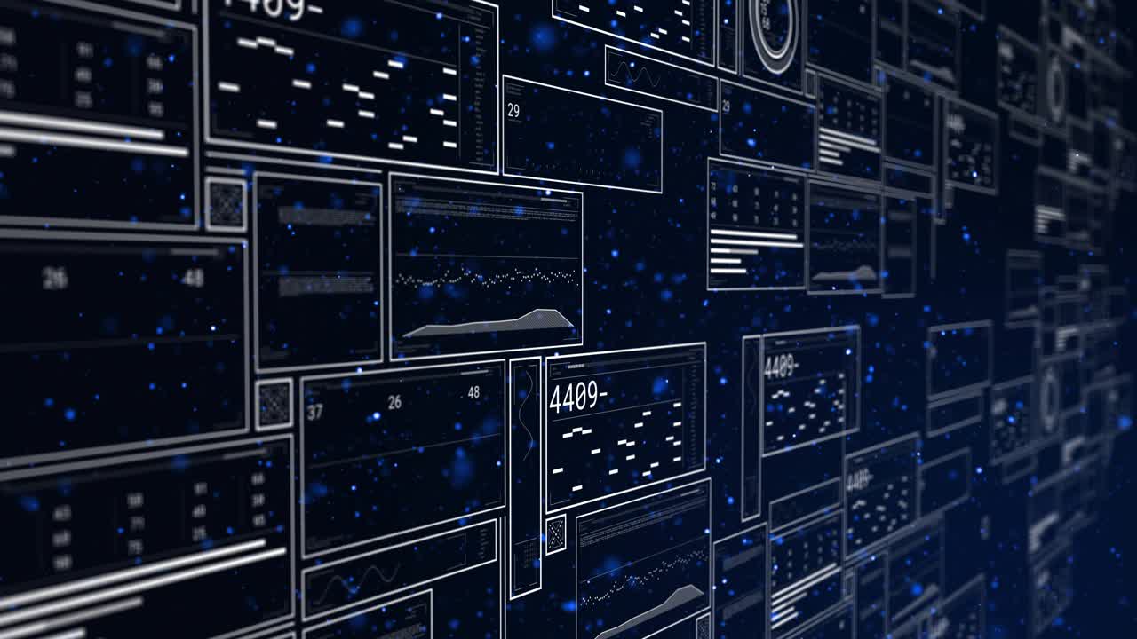 Camera starting close on empty frames, data wall panning right, panels populating to show metrics