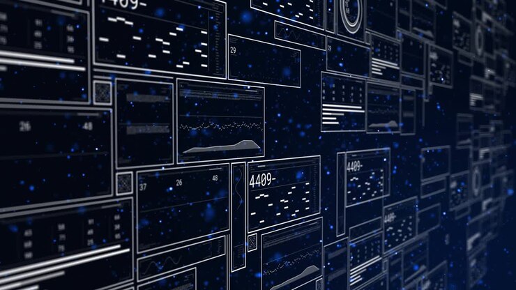 Camera starting close on empty frames, data wall panning right, panels populating to show metrics