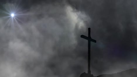 bright rays illuminate cross silhouette lightning storm background