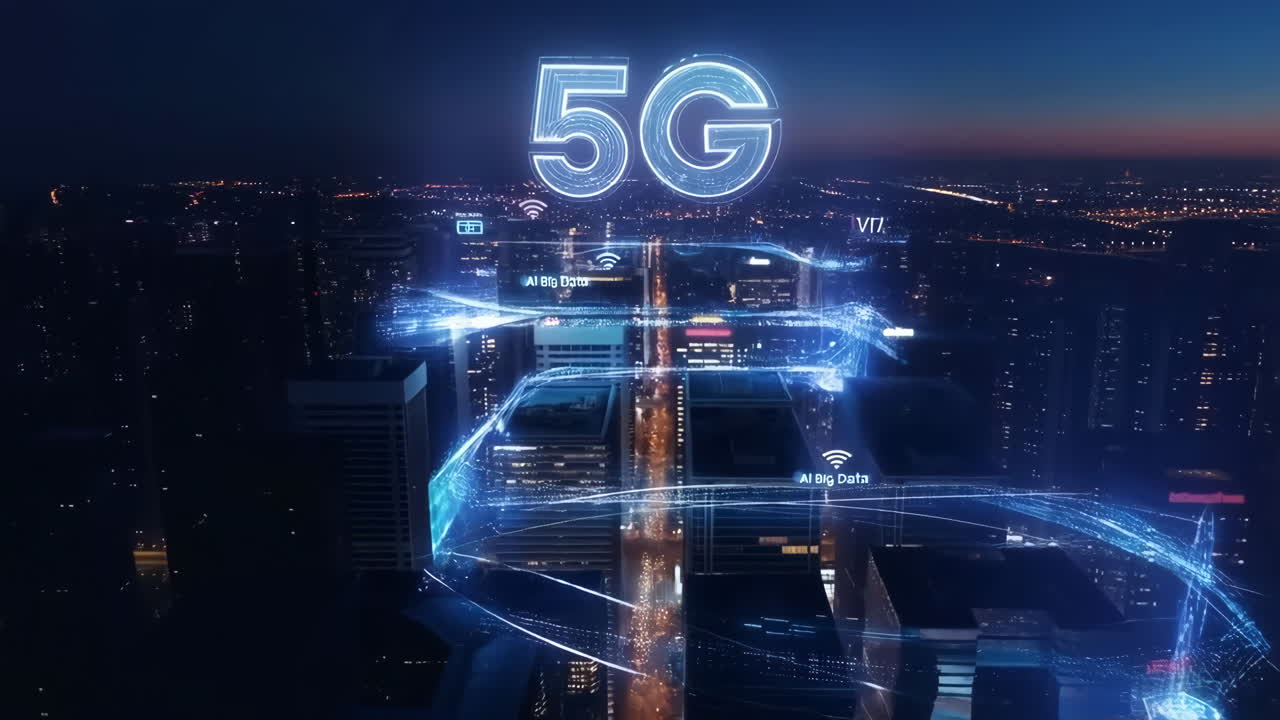 Futuristic 5G Network and AI Big Data in a Smart City Skyline at Night