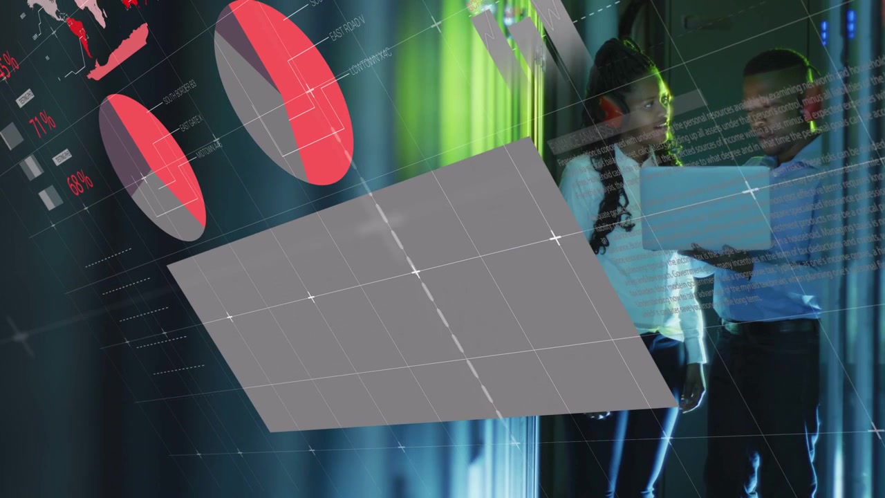On data feed start, IT techs holding laptop consulting 3D HUD charts sliding in monitoring metrics