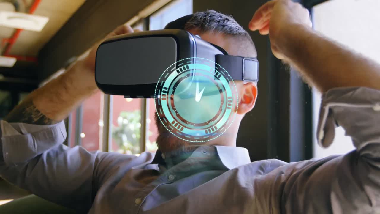 Animation of clock moving fast over businessman wearing vr headset