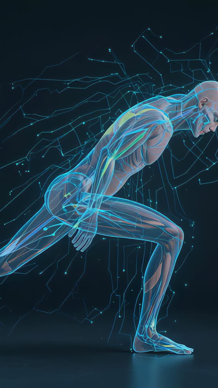 Vertical video: Leaning model showing neural surge and bracing to sprint on dark stage, circuits