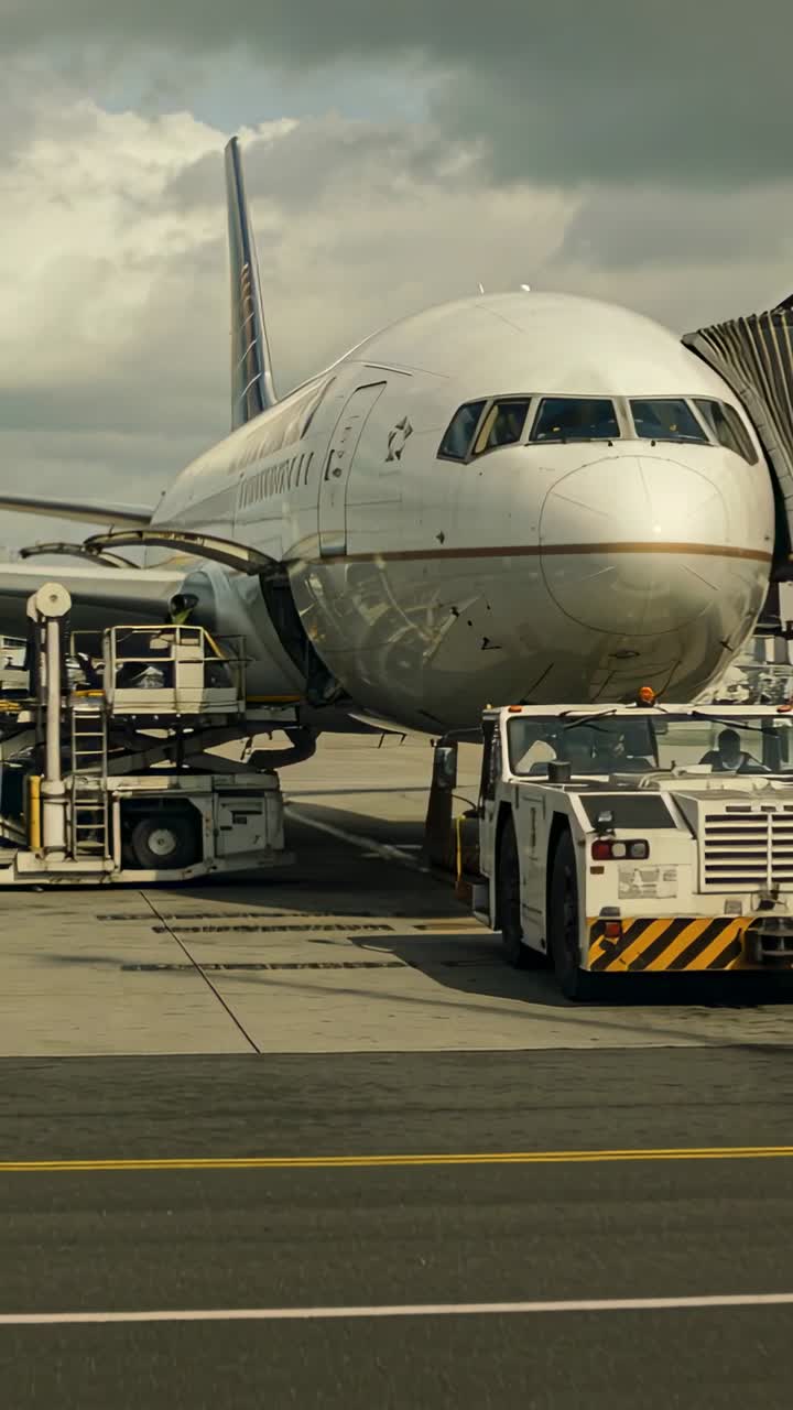 Equipe do aeroporto preparando-se para a partida, trator de reboque alinhando, ponte de embarque acoplando, ícones animados marcando bagagens e combustível.