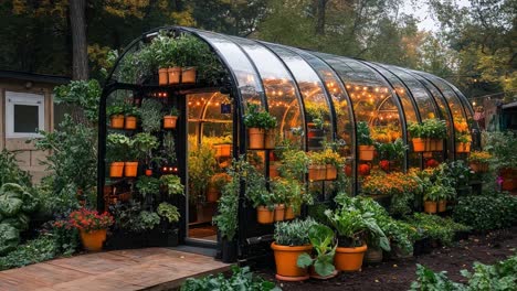 illuminated greenhouse with potted plants