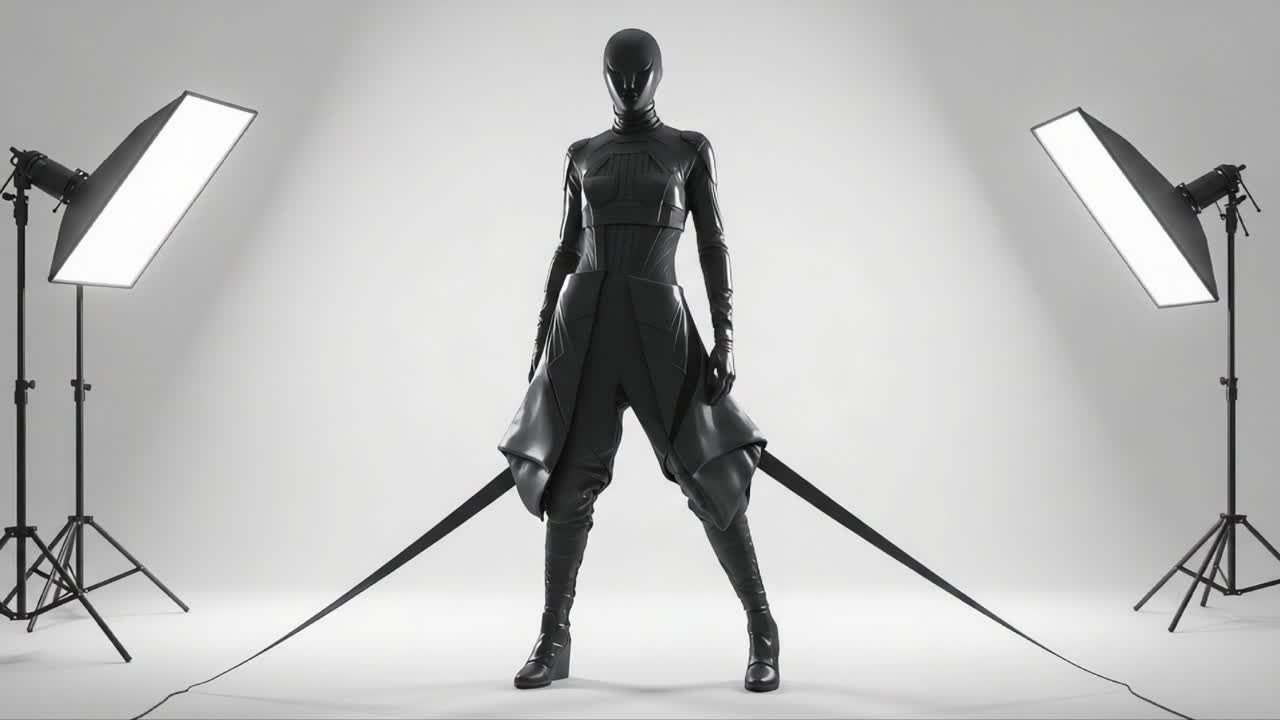 A striking silhouette of a mysterious figure in sleek black attire, flanked by soft lighting, capturing a moment of elegance and intrigue in a minimalistic setting