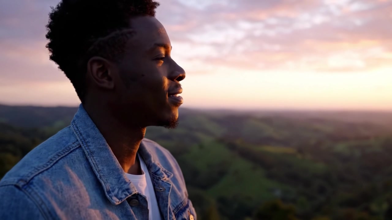 A Tranquil Moment: Reflecting on Life and Nature as a Young Man Sits Serene at Sunset, Surrounded by Majestic Hills and a Colorful Sky