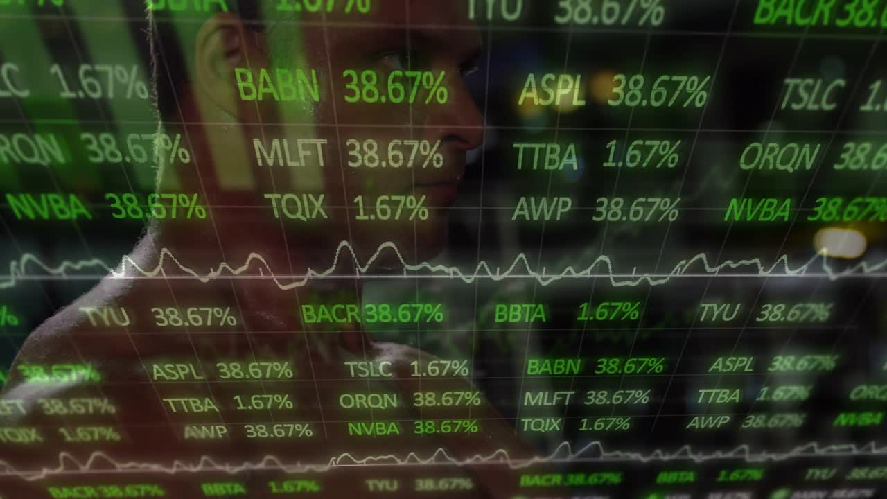 Trader leaning glass display as live feed updating green tickers percent waveform tracking markets