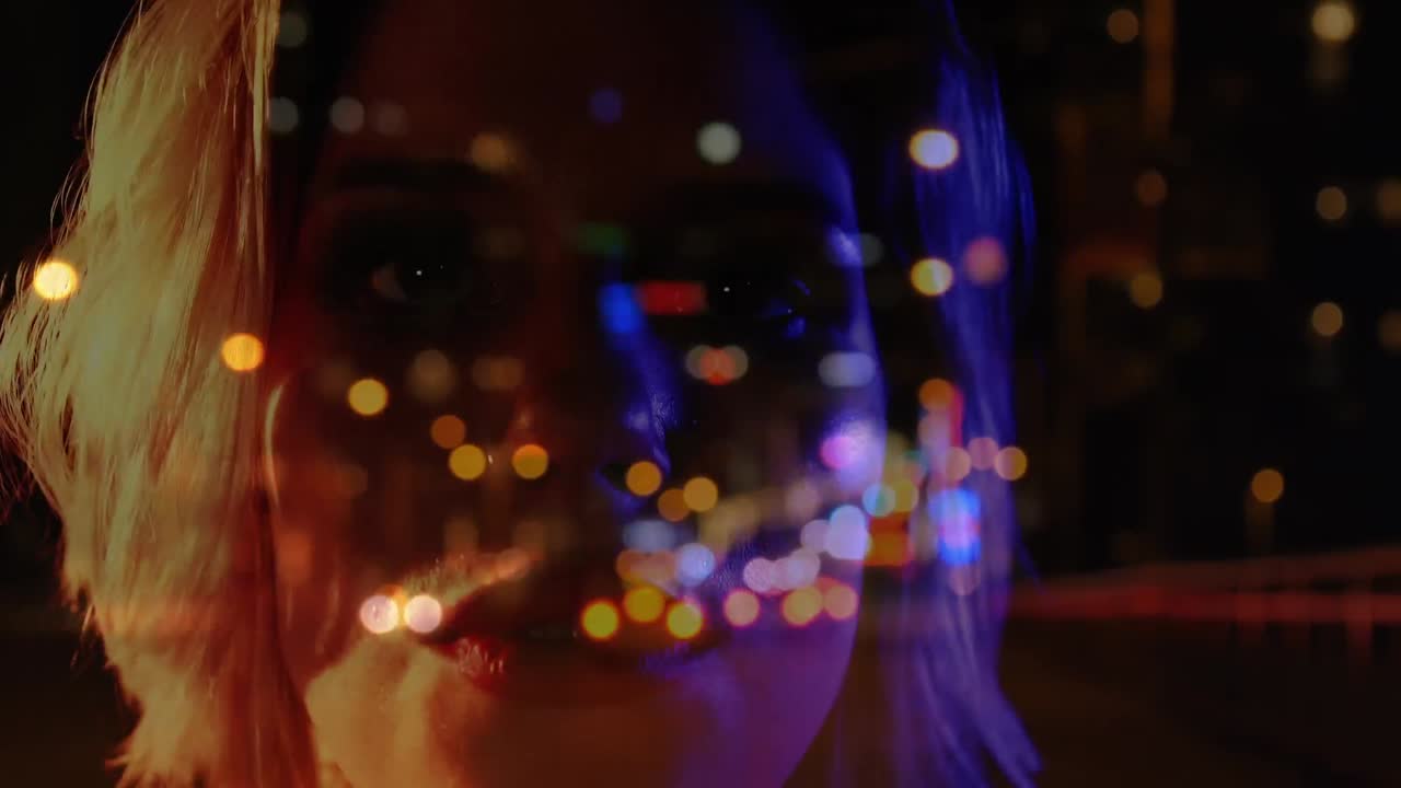 Animation of blurred road traffic over caucasian female singer