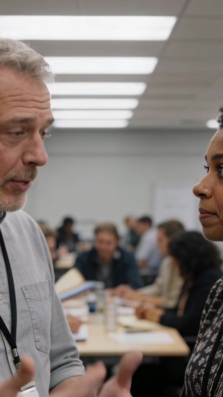 Vertical video: Leaning facilitator clarifying, gesturing to patterned woman in training, lanyard