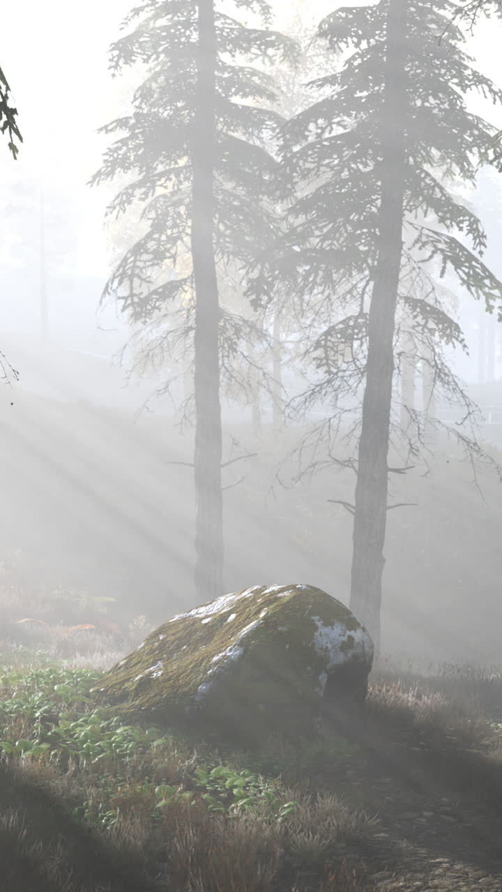 나무 를 가로질러 빛 이 아지는 안개 가 가득 한 숲 장면