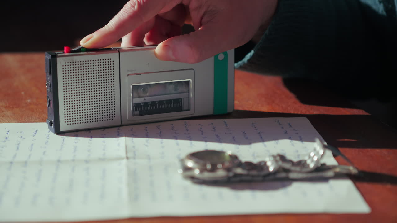 Close-up of a man's hand setting a watch on a desk before pressing record on an analogue device. Themes of timing, deadlines, and interviews