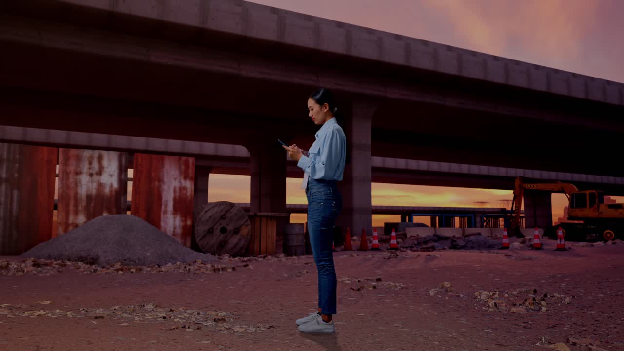 Otoyol inşaat alanında telefonuyla duran Asyalı kadın işçinin tüm vücudunun yandan görünüşü. Akıllı telefonuna odaklanmadan önce etrafına bakınarak gözlem yapıyor.