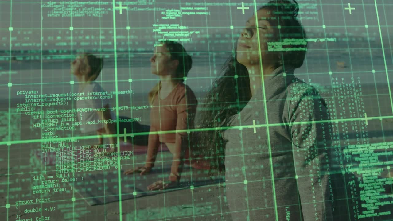 Women lowering from plank on mats into upward-facing dog yoga pose under code overlay for stretch