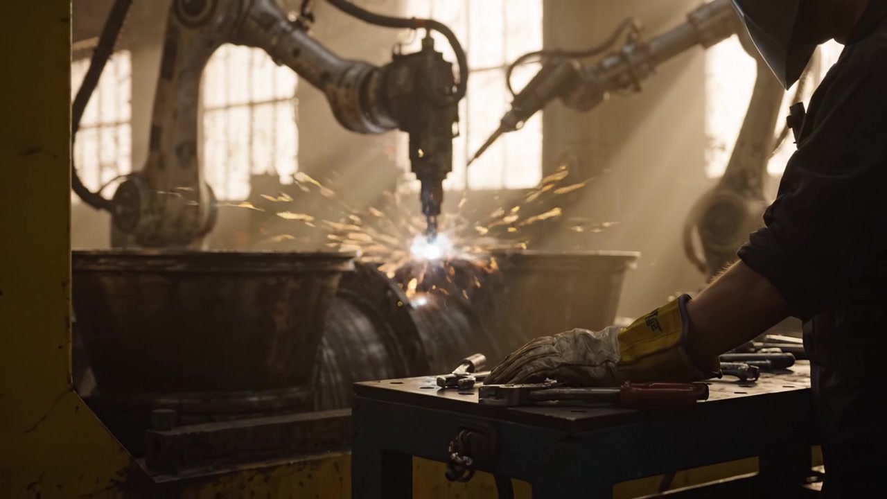 Advanced robotic arms performing precision welding in a factory setting, showcasing sparks and techniques in a dimly lit industrial environment with machinery.