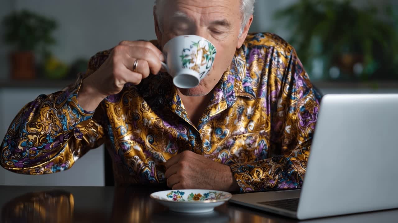 Elderly man sips tea while using laptop. Patterned shirt adds warmth to quiet moment. He focuses on screen, relaxed and engaged. Ideal for retirement, digital connectivity, or daily routine scenes