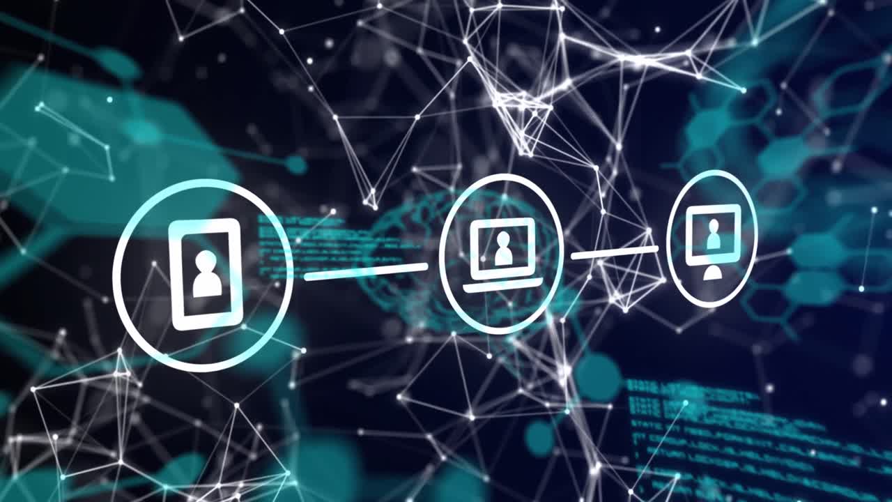 Animation of connected digital communication media icons with network and data processing on black