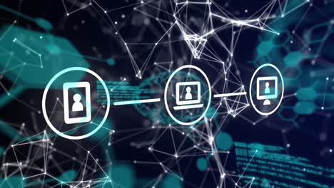 animación de iconos de medios de comunicación digital conectados con procesamiento de red y datos en negro
