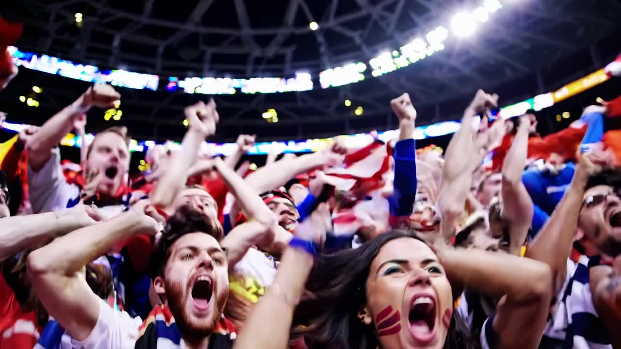 Video en ángulo bajo captura a emocionados aficionados deportivos animando en un estadio, resaltando una energía vibrante.