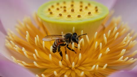 a close-up view of a bee collecting nectar from a vibrant lotus flower, showcasing the intricate details of nature's pollination process in beautiful colors