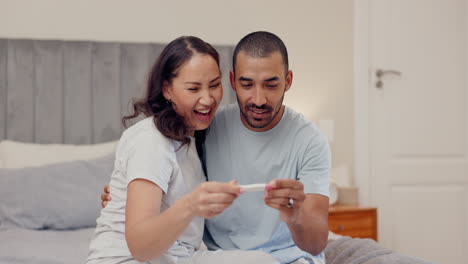 bedroom, hug or happy couple with pregnancy test