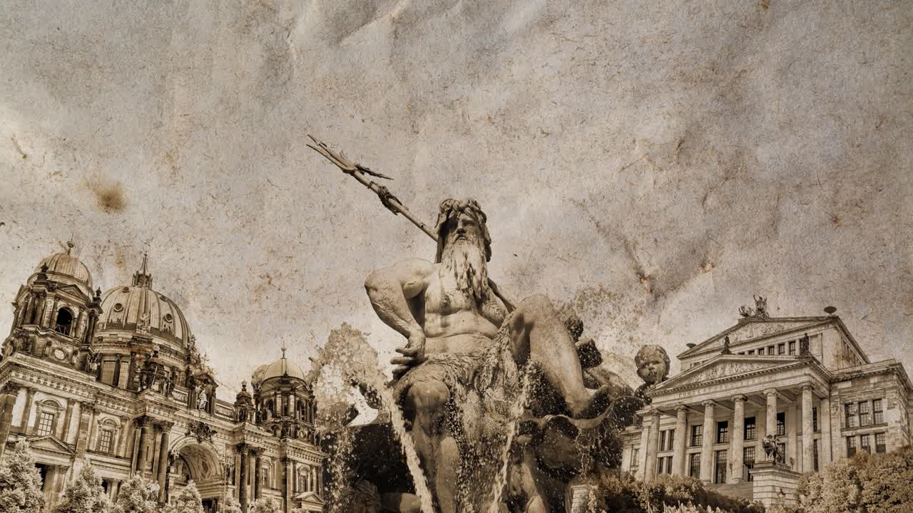 독일의 베를린의 랜드마크의 느린 동작 콜라지는 오래된 빈티지 은 종이와 구름과 함께 하늘 타임 스, 파랄락스 효과와 함께 창의적인 4k 비디오 루프 애니메이션.