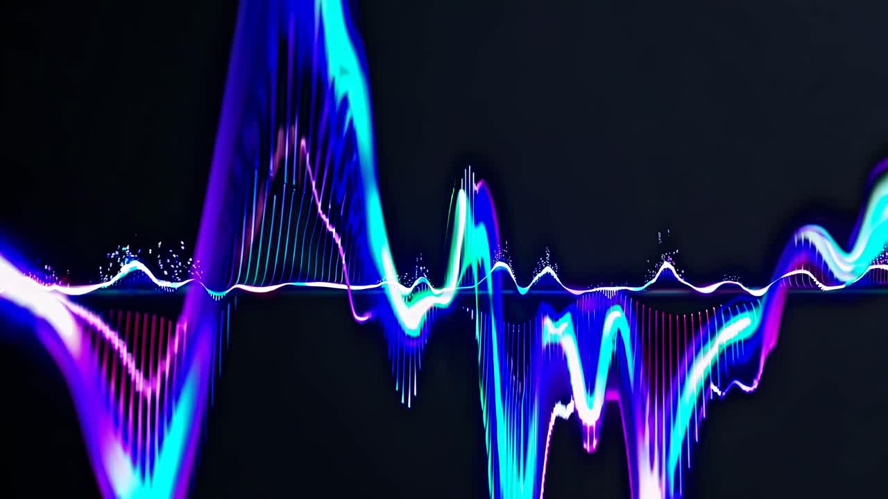 Concetto video astratto con onde sonore vibranti blu e viola su uno sfondo scuro.