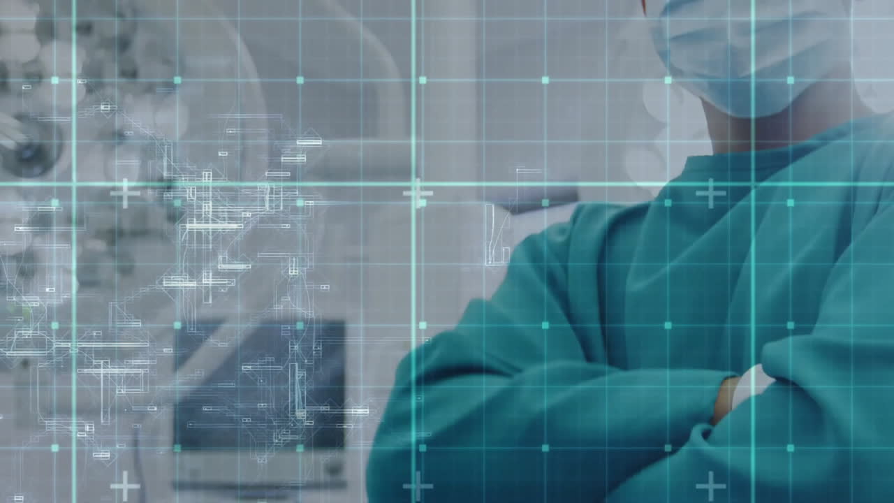 animación de procesamiento de datos sobre cirujano caucásico en el hospital